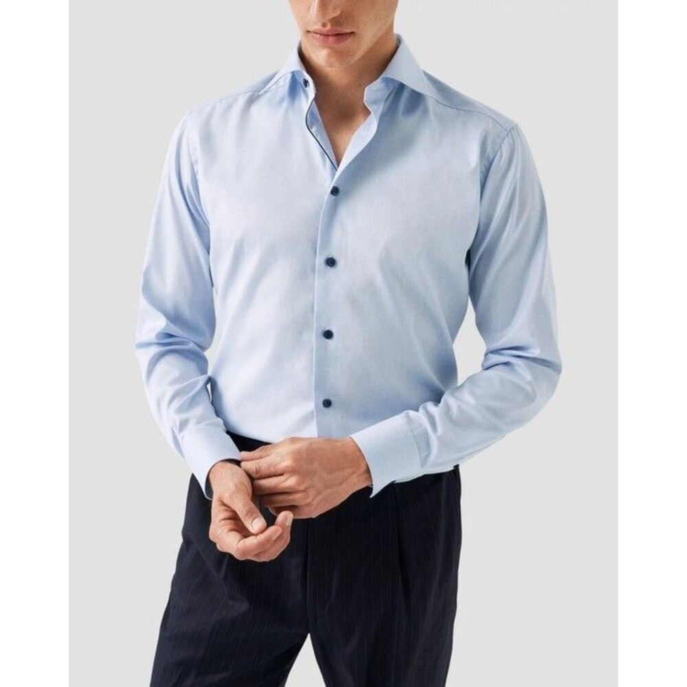 Eton Mens Dress Shirt Blue Subtle Special Detail Uni Color Signature Twill 14/41